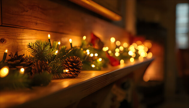 Rustic fireplace mantel decorated with evergreen garland lights and pine cones set.