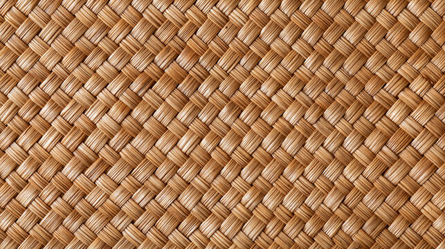A detailed close-up of a natural woven wicker texture with diagonal patterns. Ideal as a rustic background for interior design concepts.