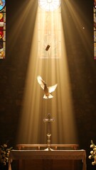 Fototapeta premium White Dove Carrying a Letter in a Sunlit Church