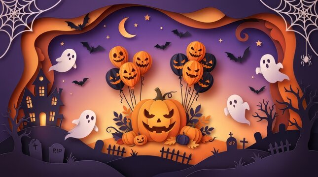 Paper cut Halloween background, spooky 3D layered papercraft scene with pumpkins, ghosts and haunted house illustration