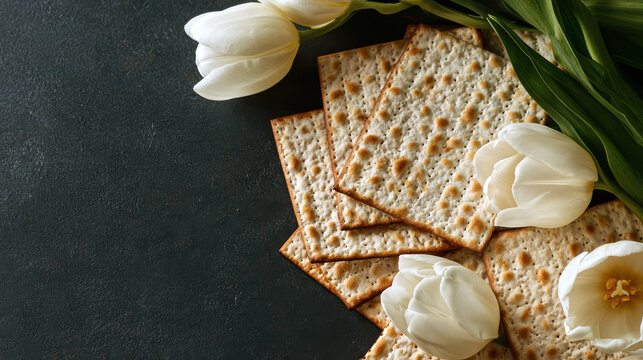 Passover matzah and white tulips for celebration