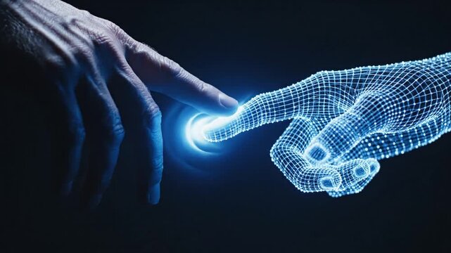 Human hand reaching to touch digital wireframe hand