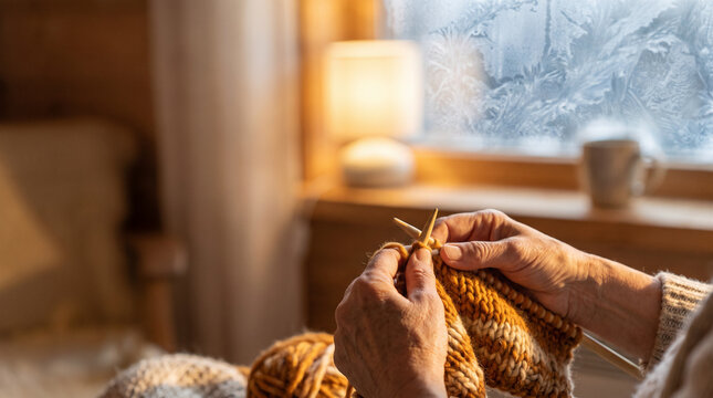Elderly woman hands knitting warm wool sweater with needles near frozen frosted window with warm lamp light and copy space