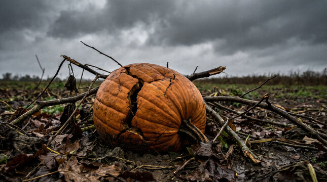 Smashed cracked orange pumpkin lying on muddy field under gloomy stormy sky after autumn harvest with copy space
