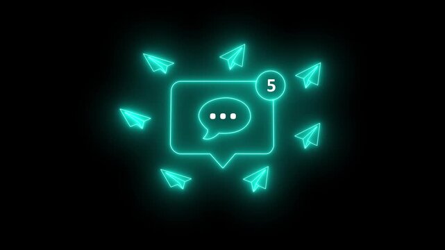 Glowing blue neon chat bubble with speech bubble and paper airplanes on black background for messaging app or notification concept. Animation of 4k video.