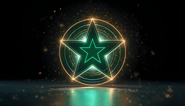 Shiny neon star symbol glowing with golden circles for festive holiday branding.
