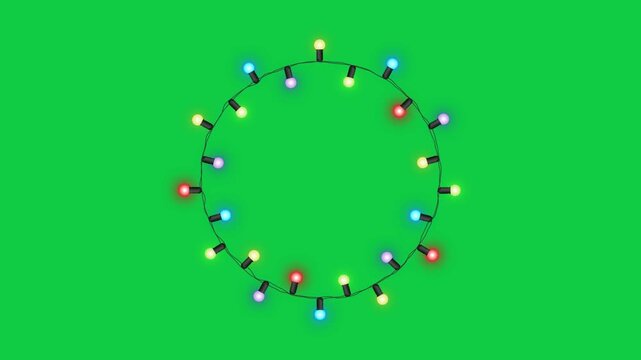 Colorful Christmas String Lights Blinking Circle Frame Isolated Green Screen Loop Animation ,Chroma Key New Year and Holiday and Birthday Videos Overlay Motion design element