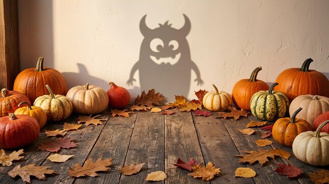 Autumn Halloween scene with various pumpkins and fall leaves on a rustic wooden floor with a friendly monster shadow cast on a textured wall in warm sunlight.