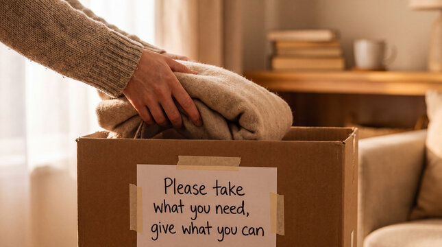 Person packing donated clothes into a cardboard box labeled with a community message.