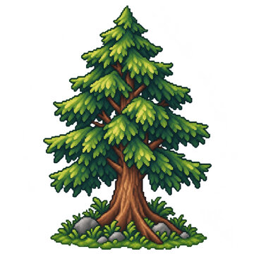 Pixel Art Evergreen Pine Tree Isolated on Transparent Background