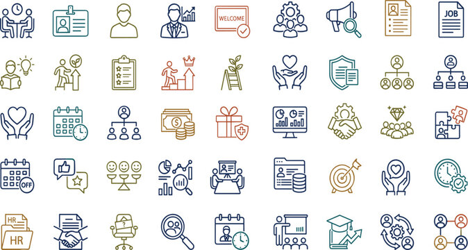 Team Management Human Resources Outline Icon Set Featuring Recruitment Hiring Employee Training Performance Career Growth Payroll Workforce Planning Employee Relations and HR Analytics