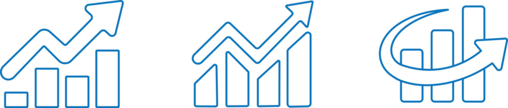 Outline, solid black, and blue growth chart and financial analytics icon set,&nbsp;Vector icon set of growth charts, financial analytics, and business&nbsp;. Modern business growth chart. outline, solid, and bl