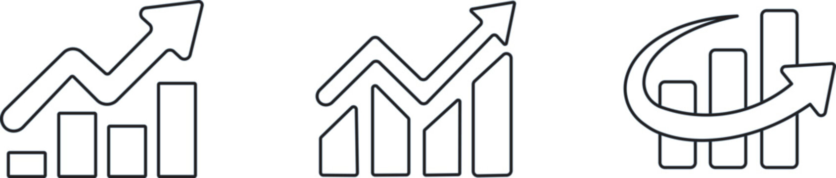 Outline, solid black, and blue growth chart and financial analytics icon set,&nbsp;Vector icon set of growth charts, financial analytics, and business&nbsp;. Modern business growth chart. outline, solid, and bl