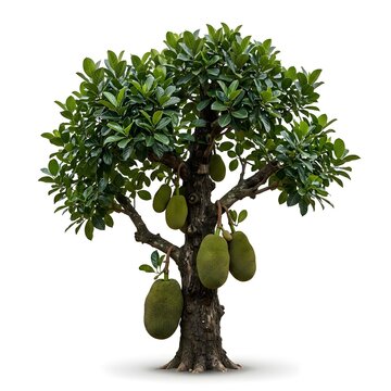 Jackfruit tree with hanging green ripe jackfruits isolated on white background