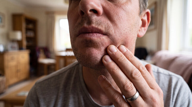 Man touches his chin while standing indoors in a brightly lit room at home during daytime.