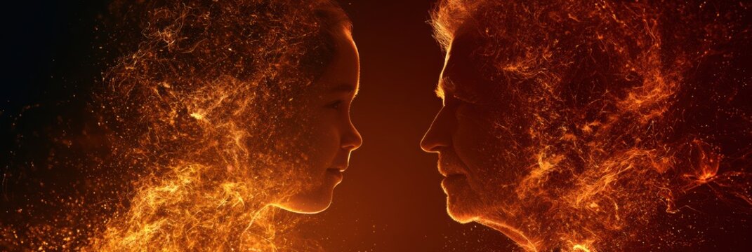 A grandparent and child share stories in a warm, dark space, showcasing the bond of intergenerational communication.