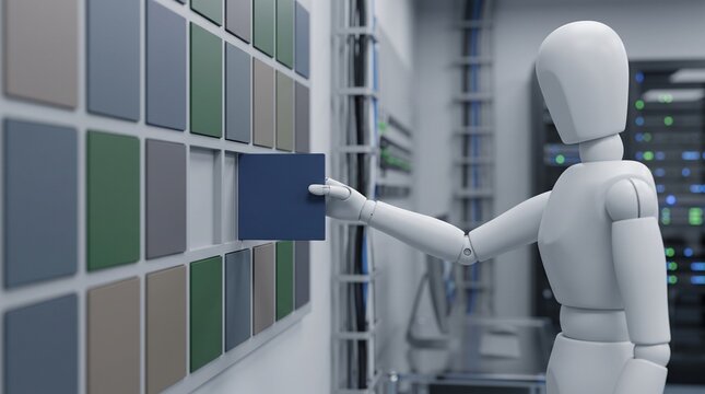 Futuristic humanoid robot organizing data modules in a server room, artificial intelligence managing digital storage, 3D character in a high-tech facility