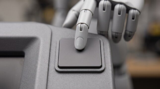 Robotic hand pressing a square button, futuristic humanoid finger interacting with control panel, artificial intelligence automation concept