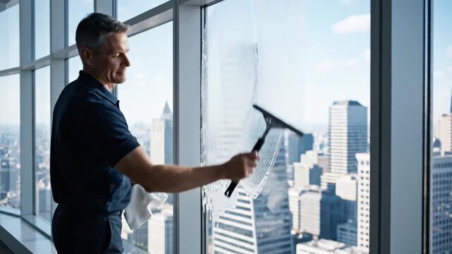 A professional man washes tall office windows
