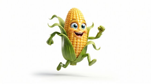 Cheerful cartoon corn character sprinting isolated on a white background