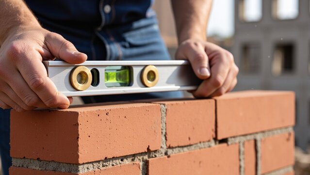 Bricklayer Checking Wall Alignment with Spirit Level