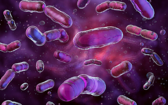 Bacteria, bacterium, microorganism, microbiology and bacterial pathogen concept with rod-shaped cells floating in a microscopic environment for infectious disease research. 3D medical illustration