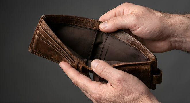 Empty leather wallet held by two hands, financial crisis and bankruptcy concept