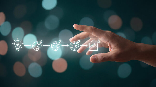 Creative process workflow concept, hand touching digital design development icons, artistic project planning