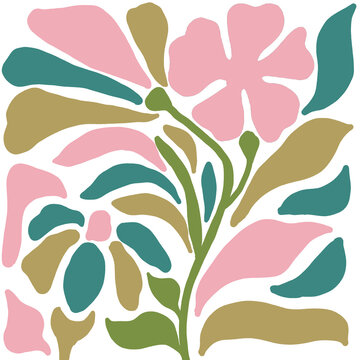 Abstract floral seamless pattern set in bold Matisse style vector background for textile print.
Modern botanical monochrome and colorful retro seamless pattern with organic flower shapes.