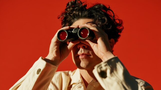 Man Peering into Telescope with Red Background