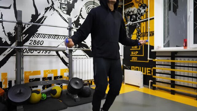 Young sportsman skipping with a jump rope at modern gym. Strong sporty man exercising in fitness centre. Athletic guy doing cardio at sport club. Concept of healthy and active lifestyle. Slow motion