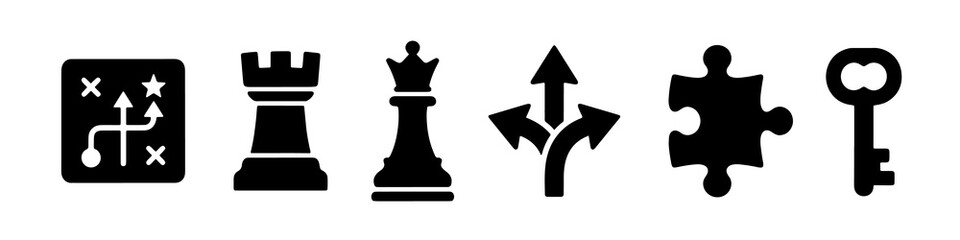 Minimalist black strategic icons set featuring chess pieces and puzzle piece for business © ＰＮＧ・アート