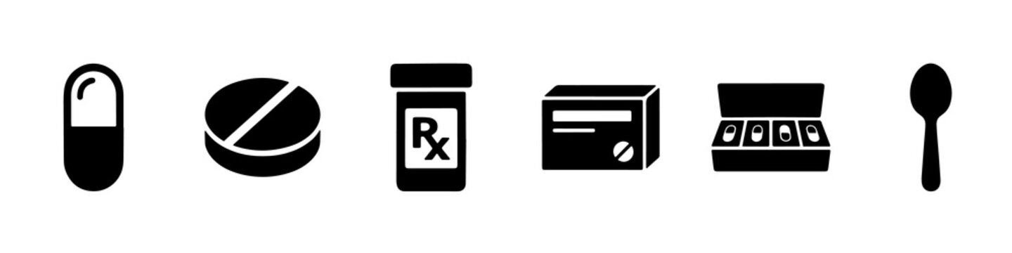Minimalist black medication and pharmacy icons set featuring pills tablets and containers