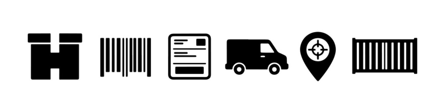 Minimalist logistic icons set featuring parcel van and barcode in black glyph style