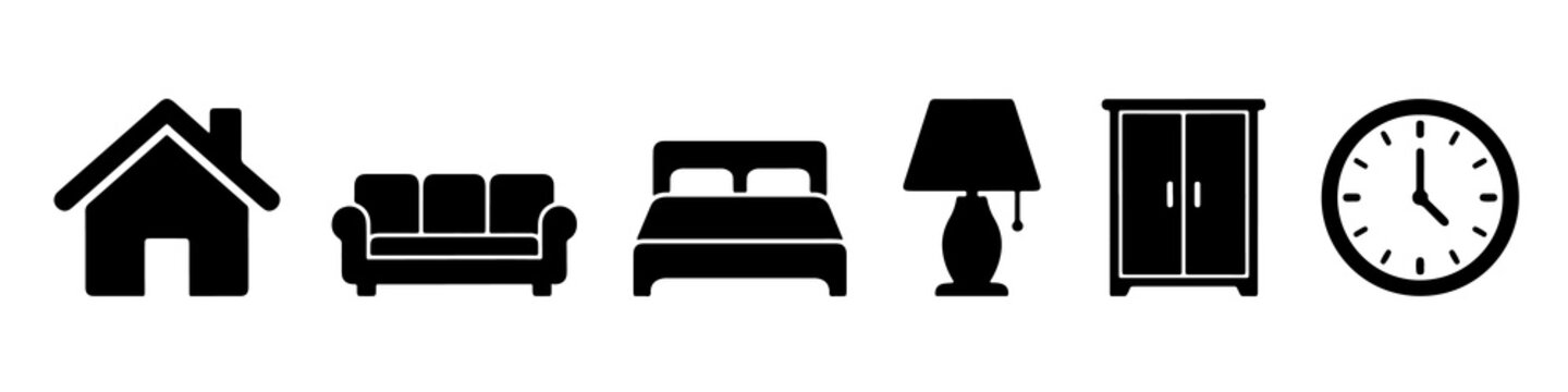 Minimalist black furniture icons set featuring house sofa bed lamp wardrobe and clock silhouettes