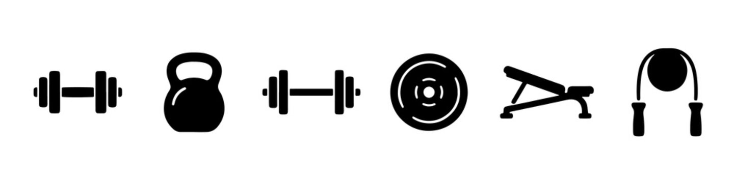 Minimalist fitness icons featuring gym equipment silhouettes in simple vector style