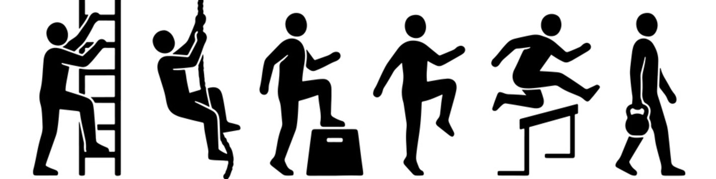 Minimalist black pictogram set showing various human physical activities and exercises