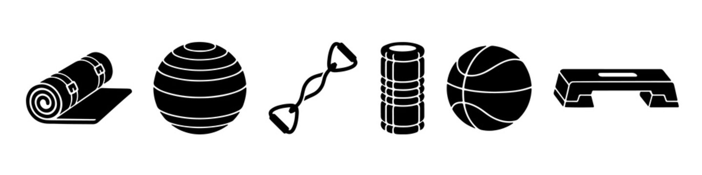 Minimalist fitness equipment icon set featuring gym gear silhouettes in black color