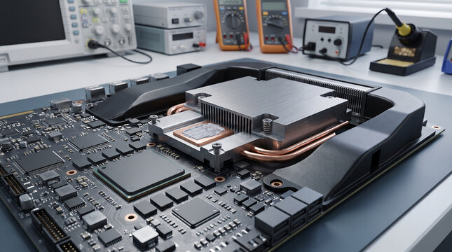Intricate computer motherboard hardware featuring a metallic cooling heatsink with copper heat pipes and advanced integrated circuits for high performance computing