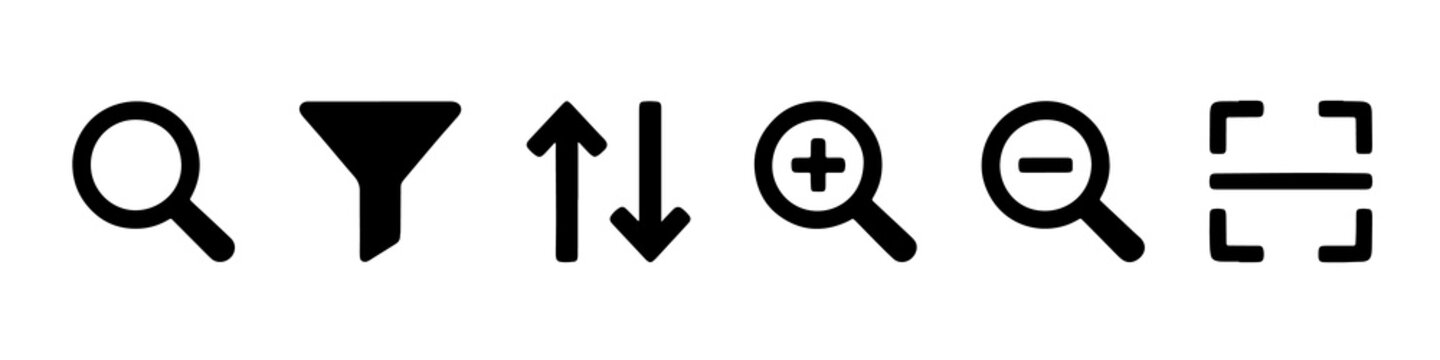 Minimalist black search and filter interface icons set featuring arrows and magnification symbols