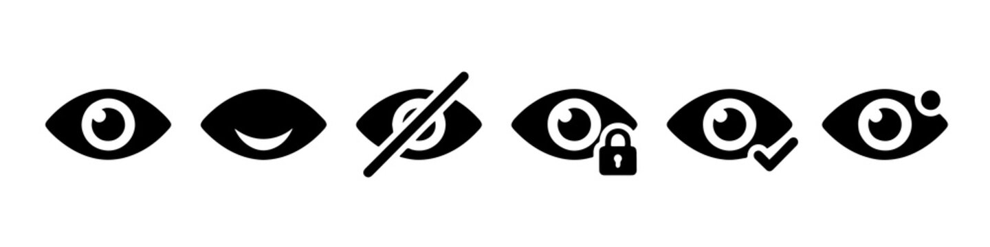Minimalist eye icons set featuring various vision states in black vector silhouette