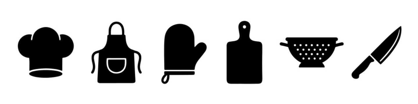 Minimalist kitchen icons featuring chef hat apron and utensils in black vector style