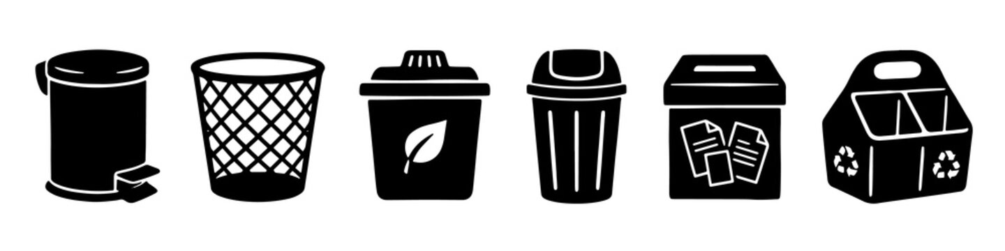 Minimalist black trash can icons set featuring various waste bin designs on plain background
