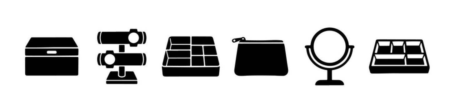 Minimalist black icons set of storage accessories and vanity mirror silhouettes