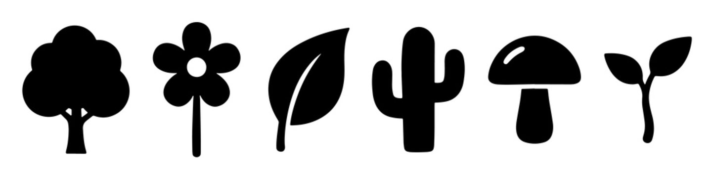 Minimalist black silhouettes of nature icons including trees flowers leaves cactus and mushrooms