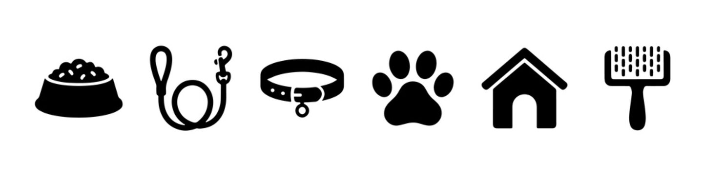 Minimalist pet care icons featuring food bowl leash collar paw house and brush symbols