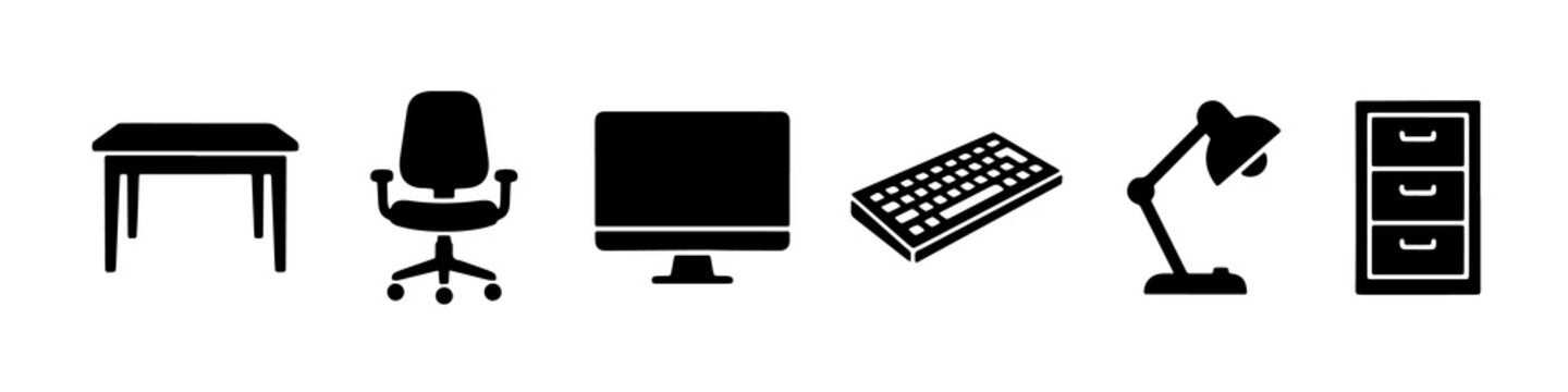 Minimalist office icons set featuring desk chair monitor keyboard lamp and cabinet in black silhouette style