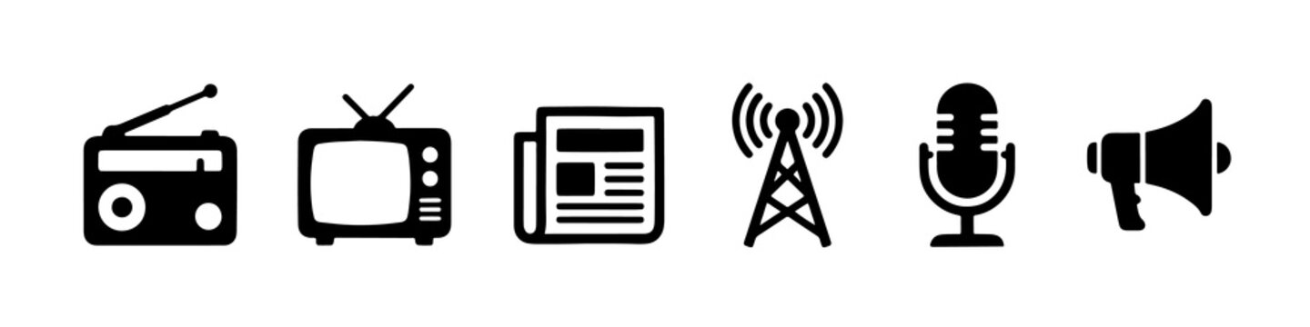Minimalist black media icons set featuring radio television newspaper and microphone symbols