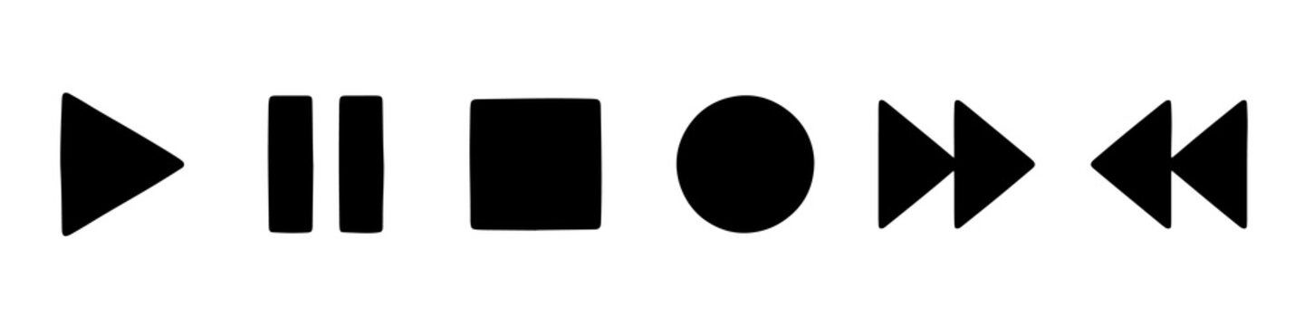 Minimalist black media player control buttons set featuring play pause stop record and rewind