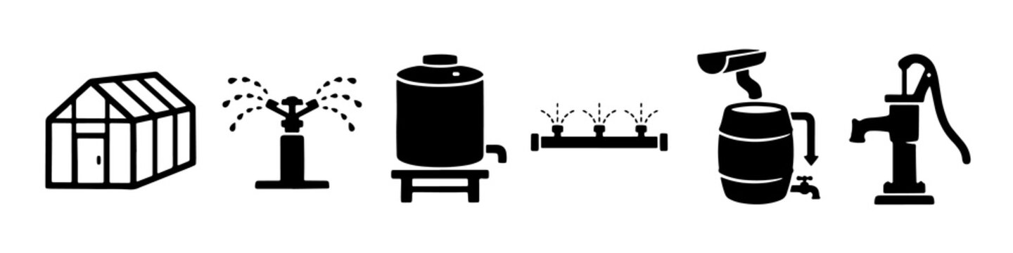 Minimalist black irrigation and farming icons featuring greenhouse sprinkler and water tank symbols